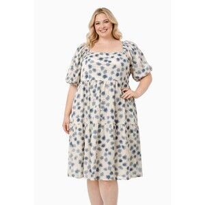 Polagram 3XL Floral Babydoll Dress Puff Sleeve Square Neck Knee-length Blue Gray